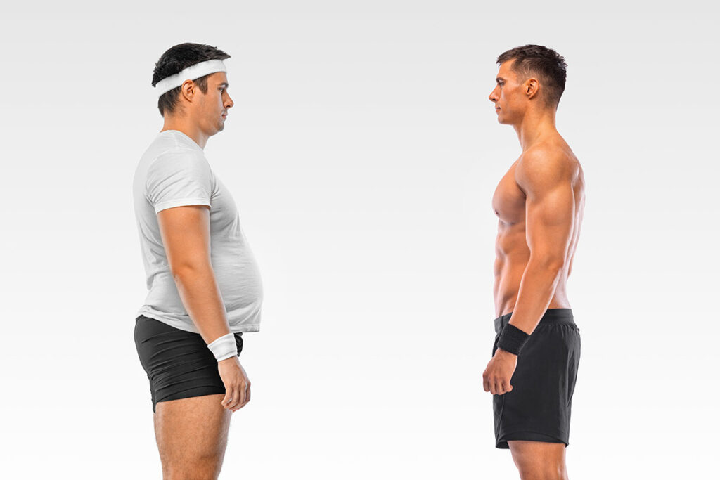 Lateral view of two men in front of each other with clear physical differences to symbolize rapid weight loss and the psychological effects of rapid weight loss.
