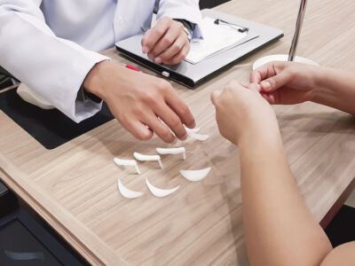 Doctor and patient discussing the average cost of chin augmentation details about the cosmetic procedure.