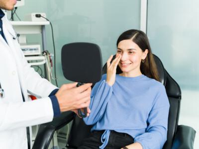 Patient smiling in mirror, reviewing rhinoplasty results with doctor.